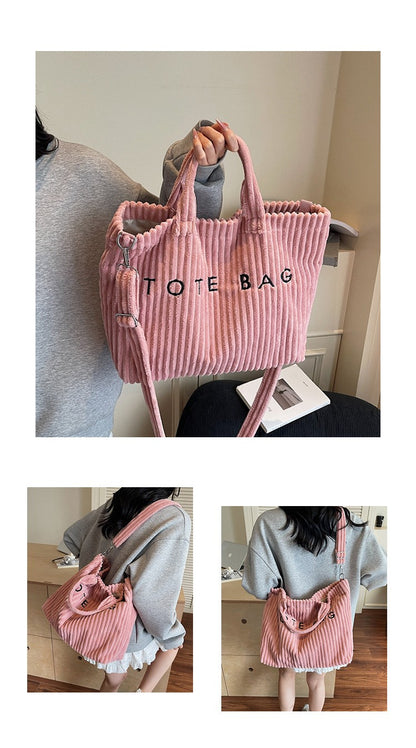 Large Capacity Striped Velvet Handbag Shoulder Bag for Woman Handbags Crossbody Bags, Versatile Letter Corduroy Women's Tote Bag