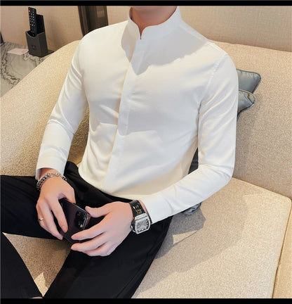 Men Standing Collar Shirt Long Sleeved 2024 Autumn British Style Solid Casual Hidden Button Elastic Slim Fit Formal Dress Shirt