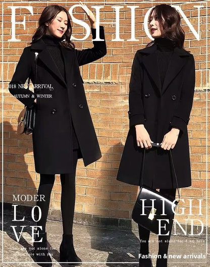 Plus Size Black Woolen Coat 2025 New Style Women's Autumn Winter Professional Mid-Length Trendy Polyester Fiber Suit Collar F...