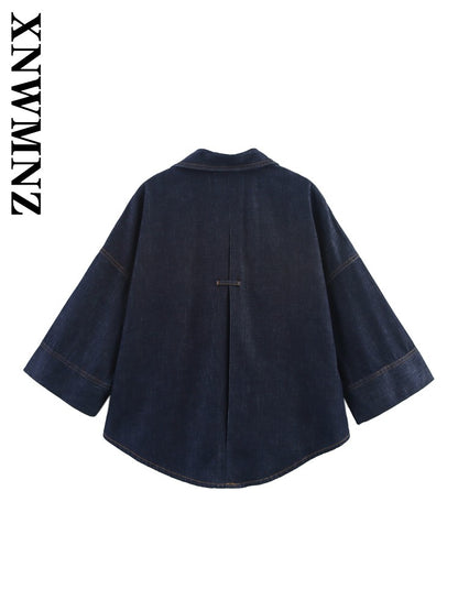 XNWMNZ 2025 Summer Woman's Casual Commuting Long Sleeve Denim Long Sleeve Top Simple Lady Blue Turn-down Collar Fashion Shirt