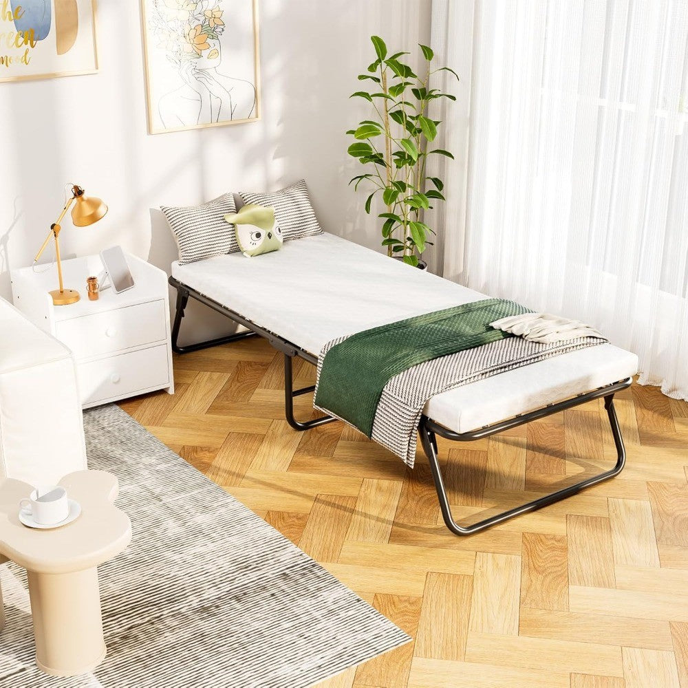 Rollaway Bed with Mattress for Adults,Foldable Bed,Portable Bed,Metal Bed Frame with Memory Foam Mattress, Guest Bed for Bedroom