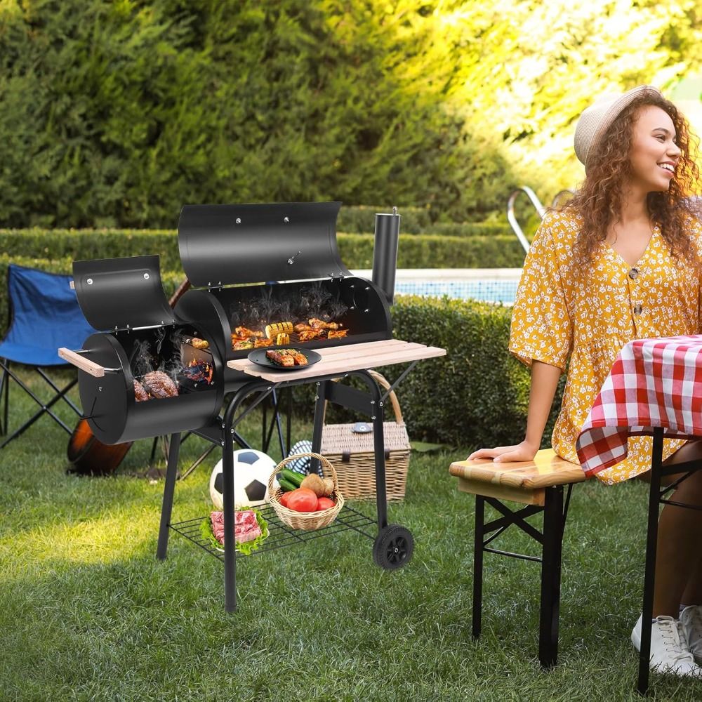 BBQ Charcoal Grill, Outdoor Patio Grill with Offset Smoker, Wheels and Tray for Balcony Picnics, Parties and Camping
