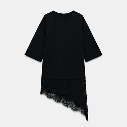 Fashion Lace Patchwork Mid Sleeve Tops for Women Elegant O Neck Loose Female T-shirt Spring New Lady Solid Shirts High Street