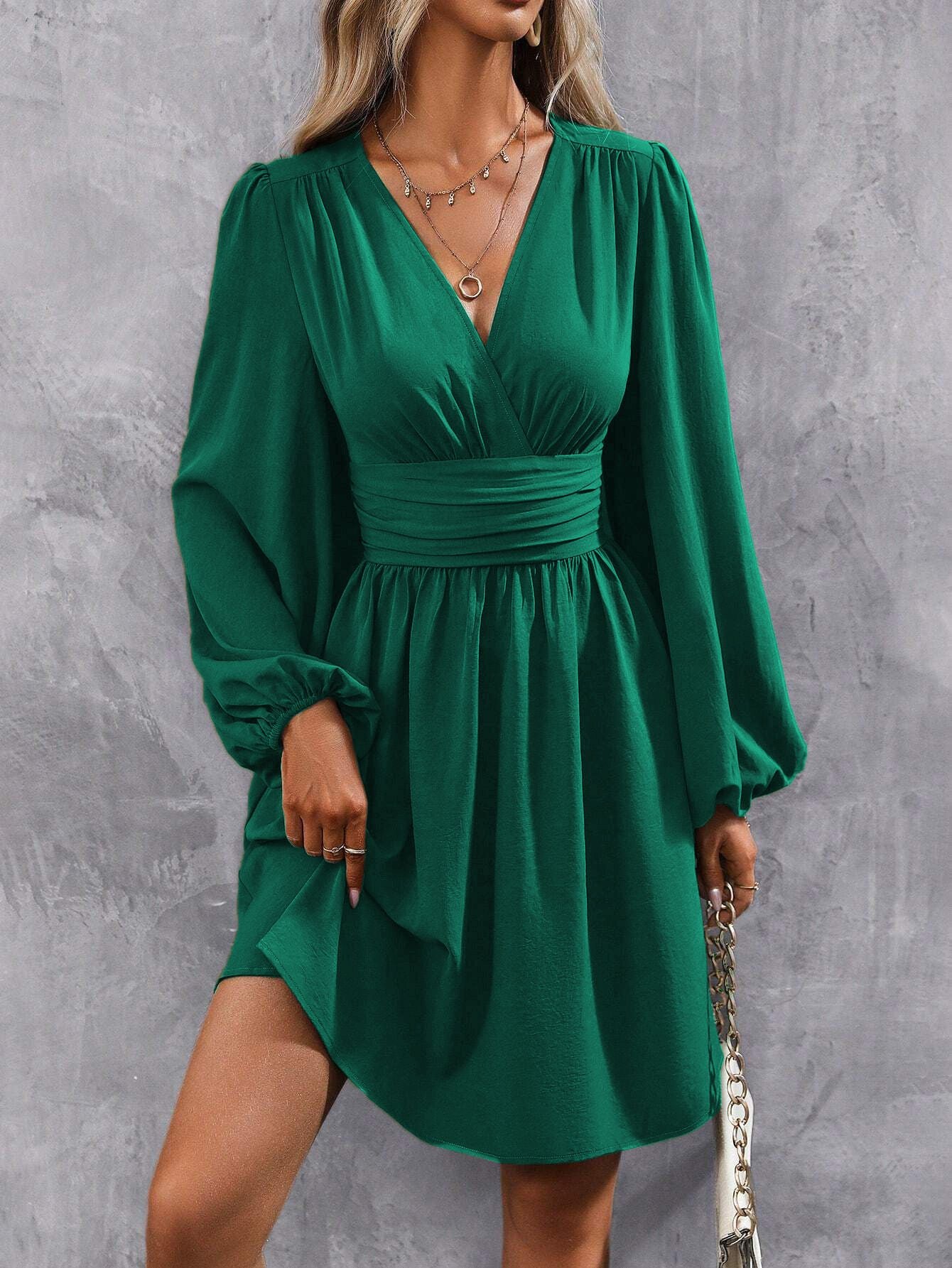 Dresses 2025 Woman Clothing V Neck Lantern Sleeve Wrap Mini Dress Ruched Waist Flowy Hem Elegant for Autumn and Party Styles ?