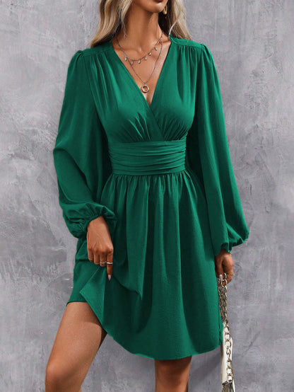 Dresses 2025 Woman Clothing V Neck Lantern Sleeve Wrap Mini Dress Ruched Waist Flowy Hem Elegant for Autumn and Party Styles ?
