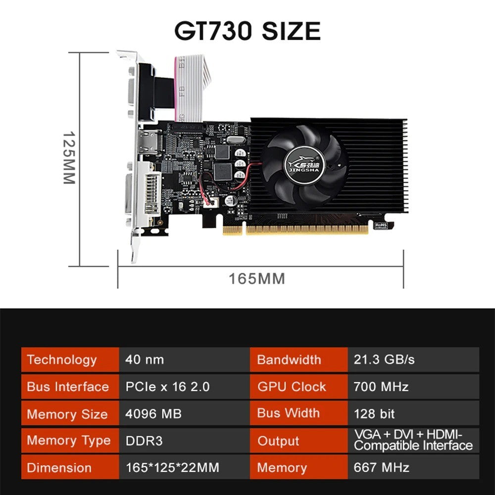 Placa de Vídeo GT730 4GB 64Bit DDR3 Com Porta HDMI VGA DVI Placa Gráfica Nvidia PCIE X16 2.0 GPU GT730 para Computador de Mesa