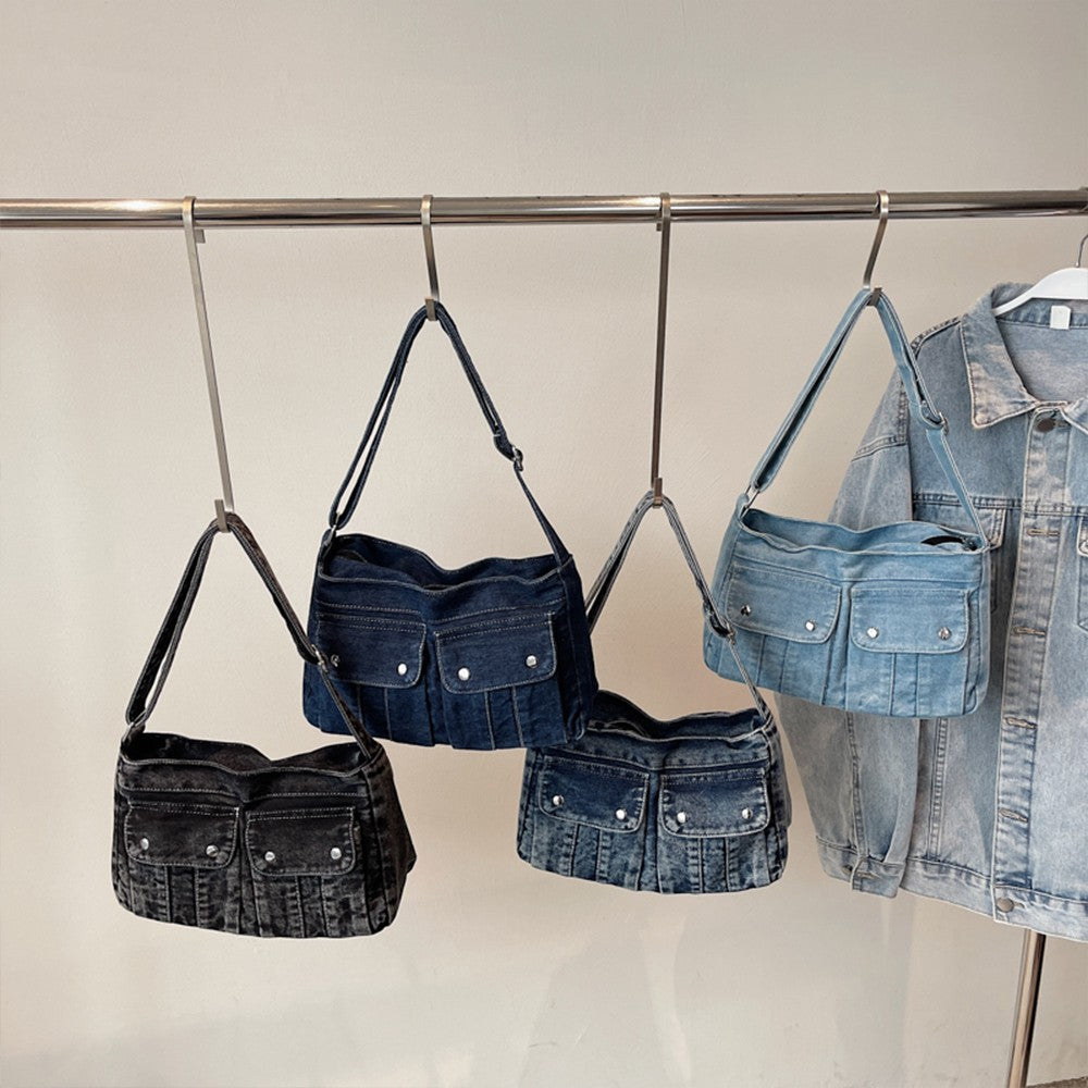 Vintage Washed Canvas Fashionable Bag, Women's Crossbody Bag, Large Capacity Commuting Casual Denim Shoulder Bag