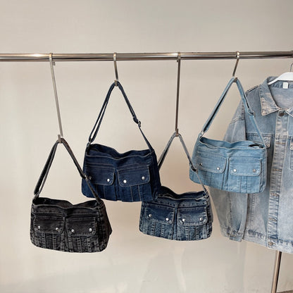 Vintage Washed Canvas Fashionable Bag, Women's Crossbody Bag, Large Capacity Commuting Casual Denim Shoulder Bag