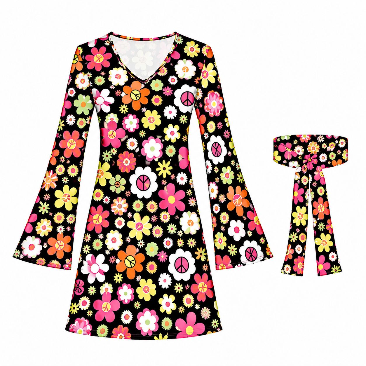 60s 70s Hippie Retro Flower Print Dress for Women Disco Party Festival Bell Sleeve Mini Dress Costume Halloween Carnival Outfit