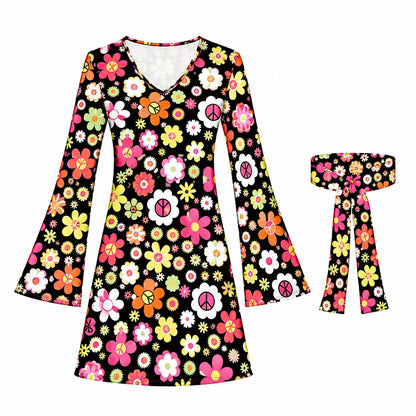 60s 70s Hippie Retro Flower Print Dress for Women Disco Party Festival Bell Sleeve Mini Dress Costume Halloween Carnival Outfit