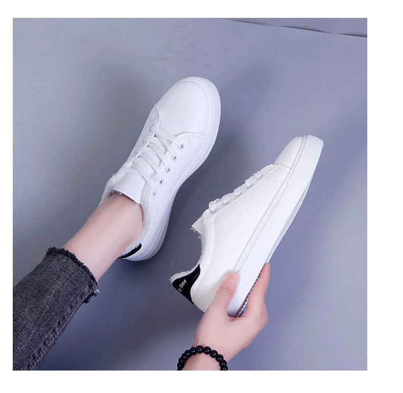 Tênis Feminino de Inverno, Quente, Pelúcia, Sola Vulcanizada, Plataforma, Algodão, Cadarço, Branco, Com Pelúcia, Casual