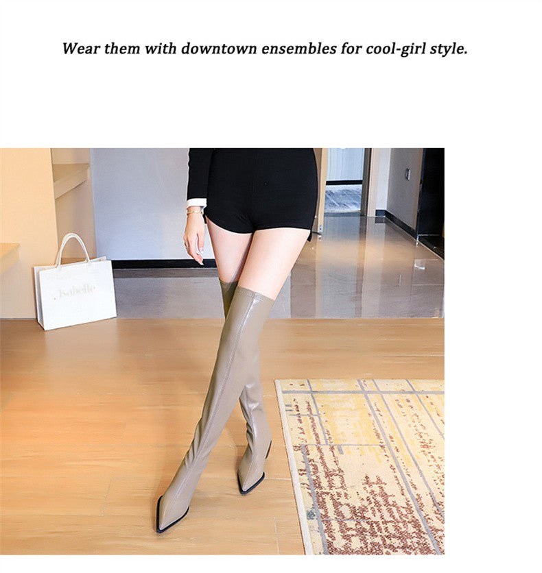 2024 New Autumn Women's Pointed Toe Boots Over-the-Knee Sewing Slip On PU Leather Square Heel Street Style Shoes Black