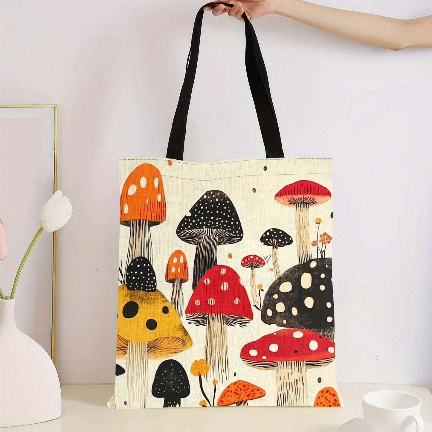 Chic Mushroom Print Canvas Tote Bag - Spacious & Durable Shoulder Bag for Shopping