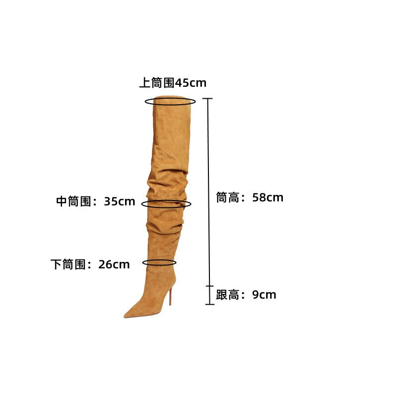Women's New Pointed Pleated High-heeled Knee High Boots, Autumn and Winter Suede Thigh Boots, Women's Plus Size Stacking Boots