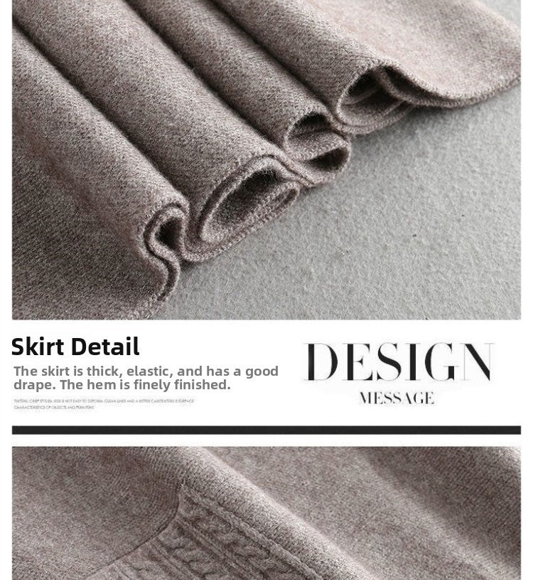 Autumn Winter Women's Mid-Length Knitted Pleated Skirt High Waist A-Line Long Skirt Loose Fuzzy Wool Skirt Double ket