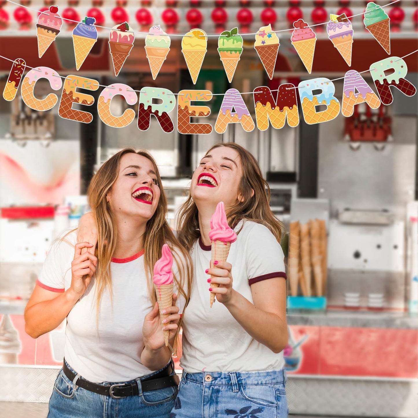 Colorful Paper Banners Ice Cream Shape Pull Flag Party Bunting Milk Tea Summer Theme Garland Decorative