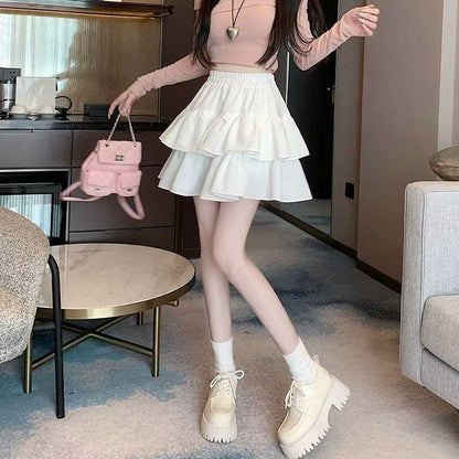 Korean Chic Y2K Sweet Girl's White Princess Mini Skirt Ballet-style Tiered Skirt Elastic High Waist Cake Skirt Shorts All-match