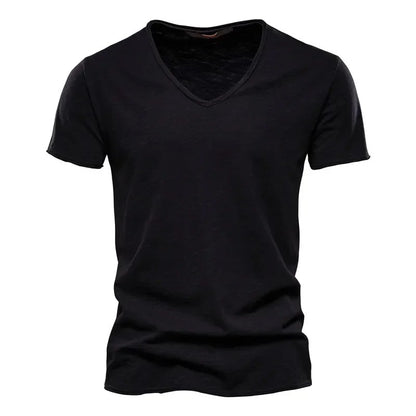 2024 hot summer men's new solid color V-neck pure cotton short sleeved T-shirt hot selling men's T-shirt top