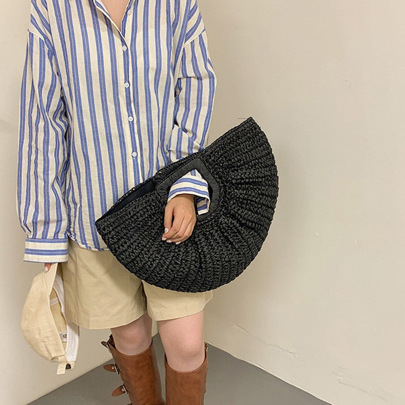 Summer Straw Women Half-moon Beach Handbag Rattan Handmade Handle Fashion Kintted Tote Bag