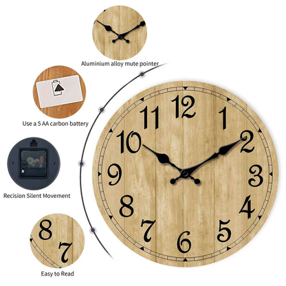 Modern silent quartz wooden wall clock - imitation wood color wood texture design simple wall clock, suitable for living room, b