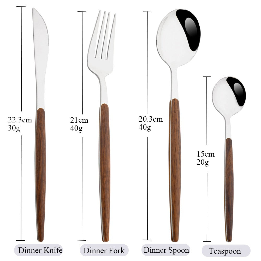 Drmfiy 24 Peças Talheres Marrons Prateados de Aço Inoxidável Imitação Cabo de Madeira Prateado Faca Colher Garfo Conjunto de Talheres Utensílios de Mesa