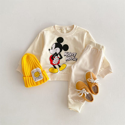 Disney Mickey Children' Tracksuit Cartoon Fashion Loose Baby Girl Boy Long Sleeve Crewneck Hoodies + Pants Two Piece Set Clothes