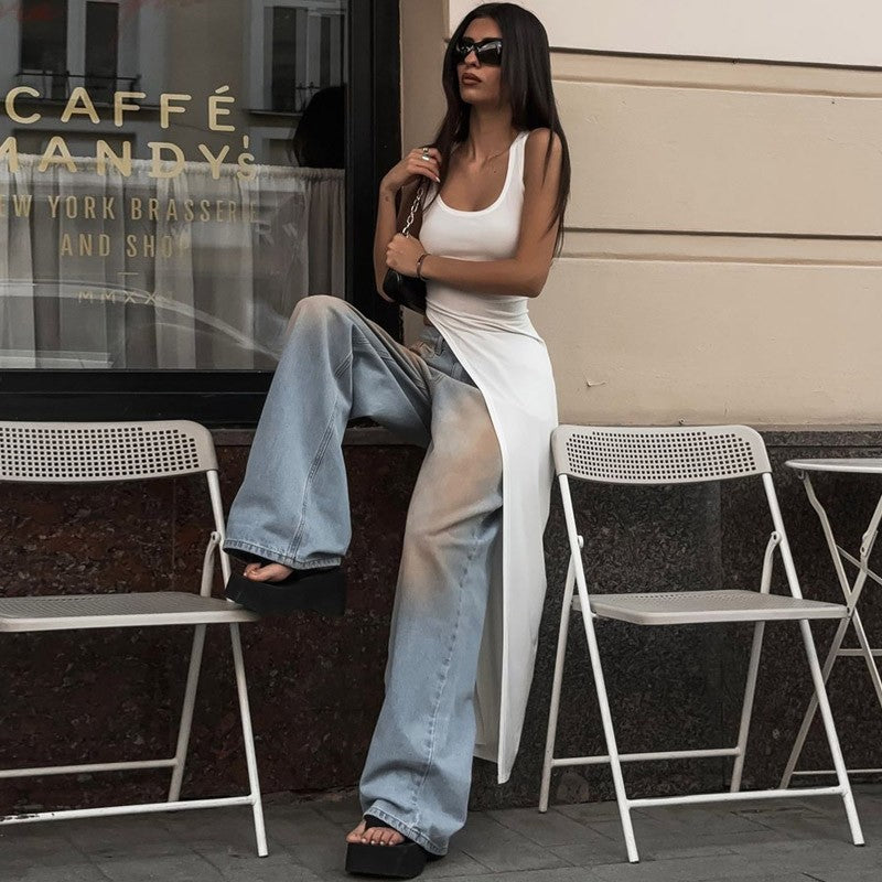 2025 Sexy Sleeveless Side High Split Dress Solid Backless Women Midi Dresses Sum