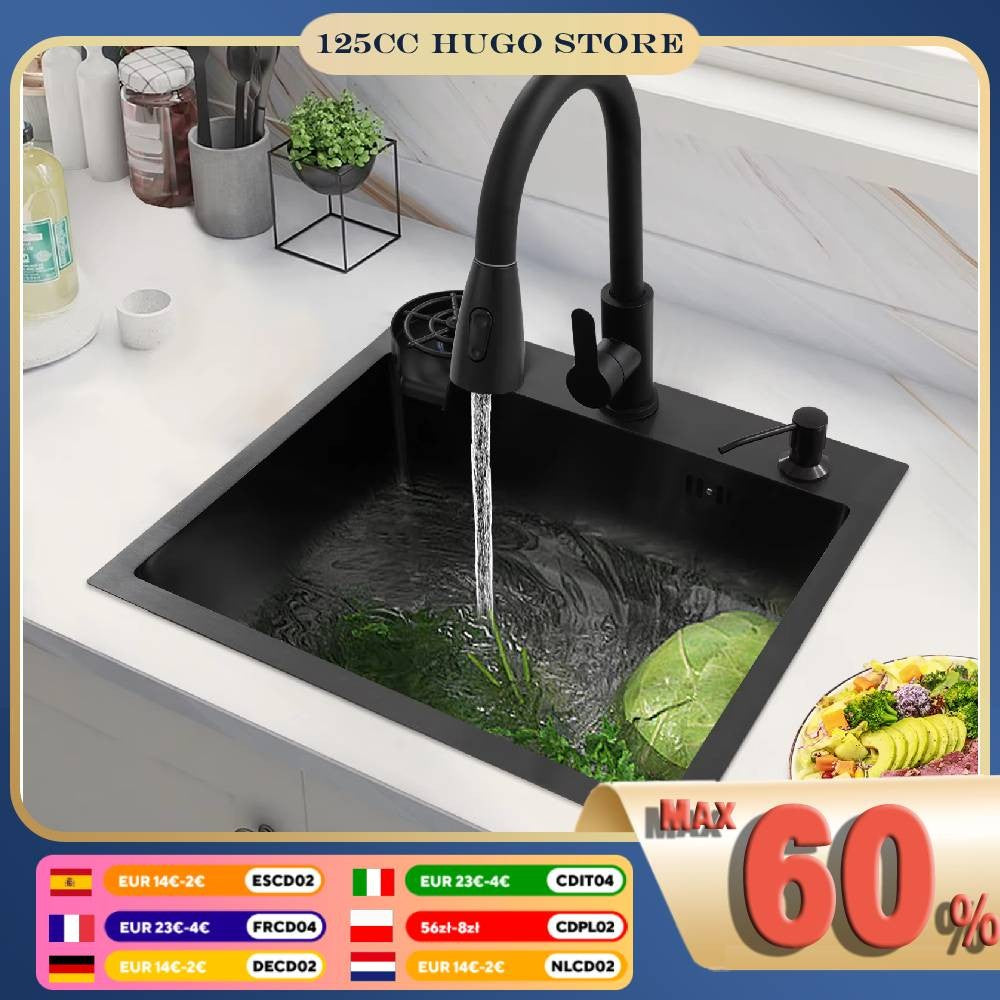 Kitchen Sink w/ Pull-Out Faucet & Drain Basket,  50*45cm Black Stainless Steel Single Bowl Sink Kit