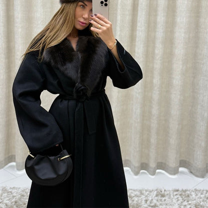 Solid Fur Collar Woolen Maxi Coat Women Fashion Lapel Full Sleeve Lace Up Pocket Loose Long Jacket Lady Autumn Daily Street Wear