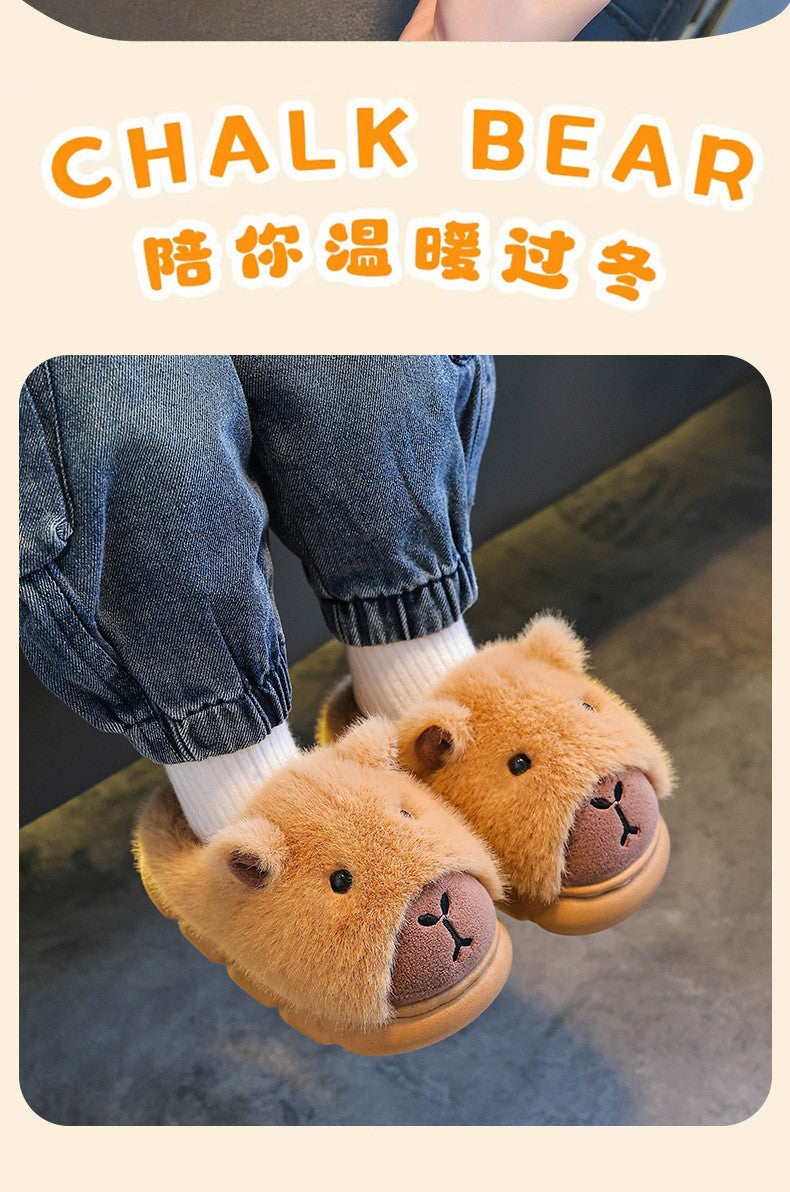 Capybara Children Slippers 2025 Winter New Cute Fluffy Cotton floor shoes woman Warm Indoor Cartoon Plush Floor Home Slippers