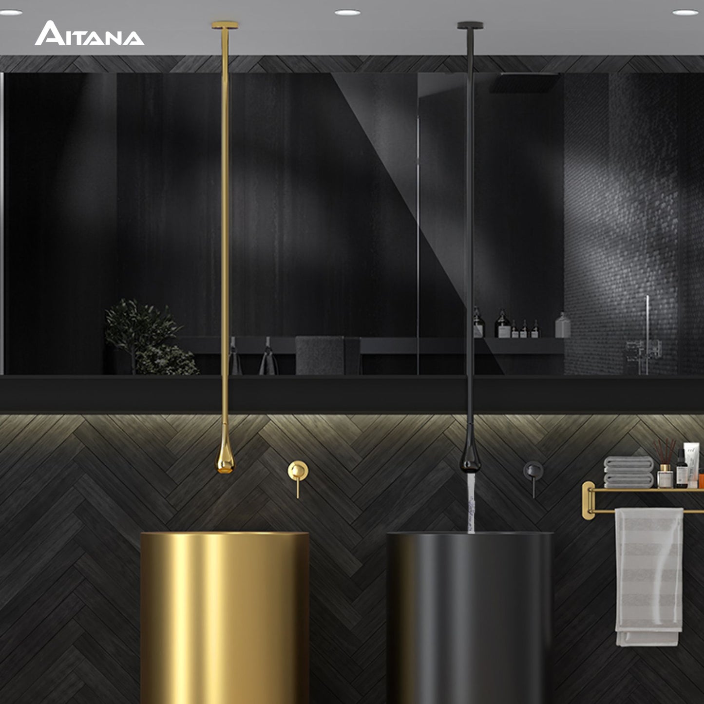 Torneira de banheiro de luxo em latão de alta qualidade preta para teto, design com alavanca única, água fria e quente, dupla furação para pia e banheira