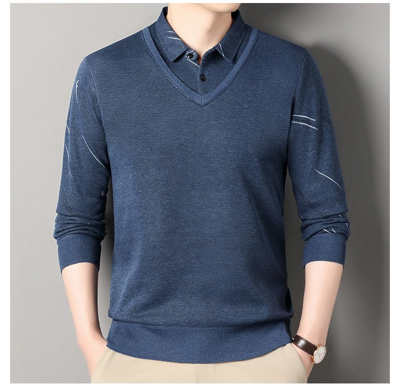 Men's Fleece Lining Sweater Autumn Winter Pullover Polo Shirt Collar Fake Two Piece Thick Warm Top Clothes Casual Knitwear