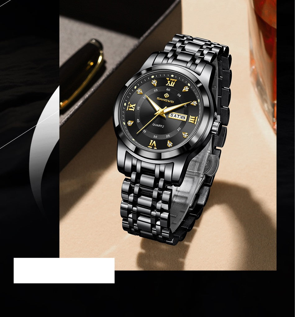 LIGE Brand BANGWEI Quartz Man Watch Fashion Stainless Steel Band Business Luxury Diamond Waterproof Calendar Watches for Men+Box