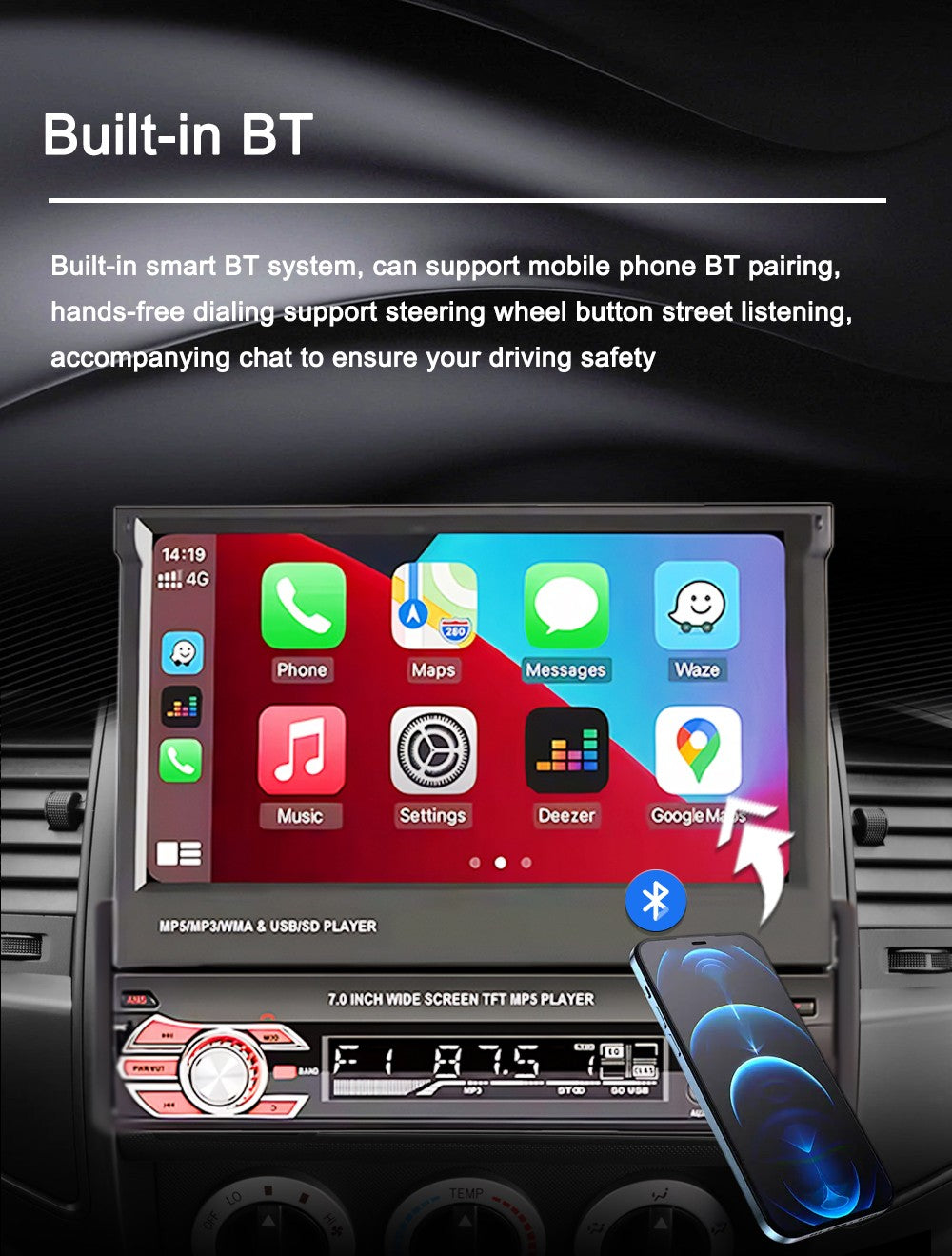 LEHX 1 Din 7inch IPS Retractable Screen Car Radio  Multimedia Player Universal Audio Video Wired CarPlay Android Auto