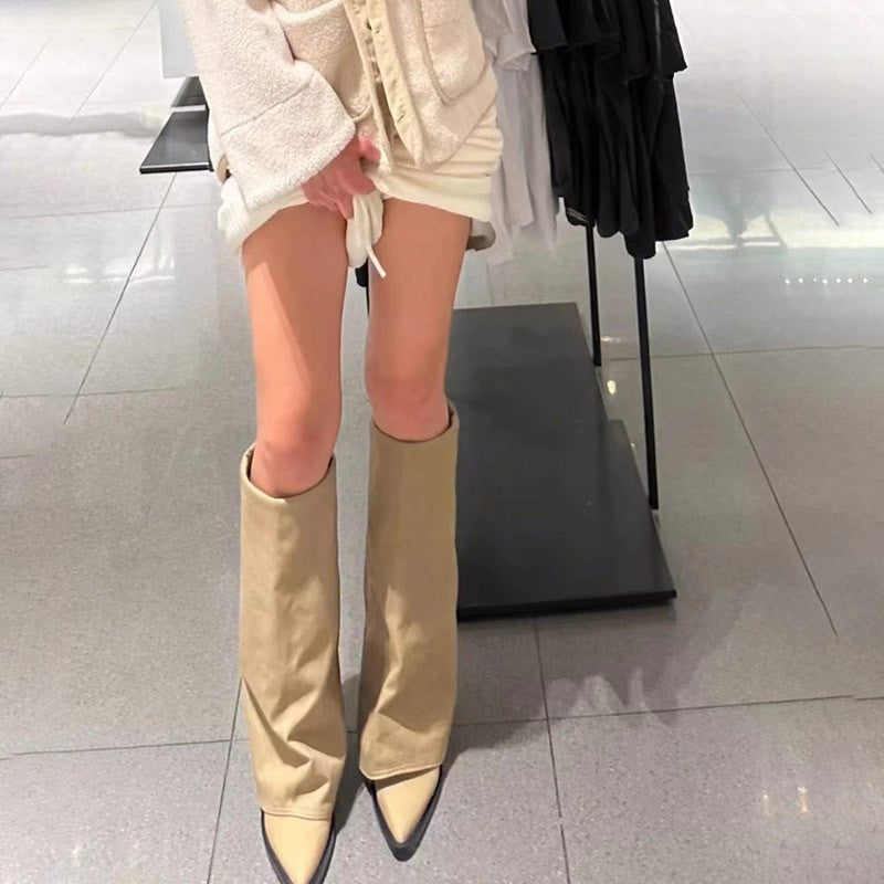 Women Pointed Toe High Boots Fashion Sexy Mid Heels Shoes Woman Chunky Trend Chelsea Boots Pumps Elegant Mujer Snow Goth Botas