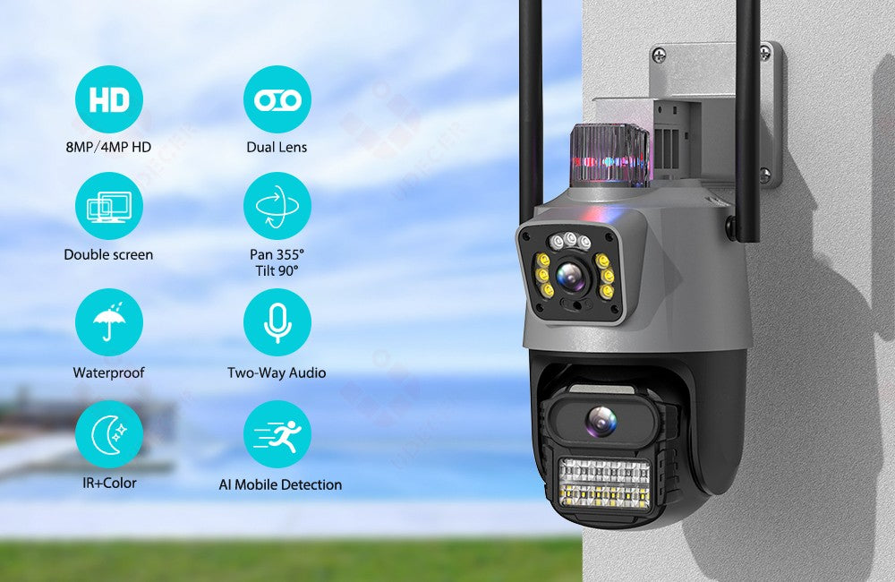 Outdoor Wifi PTZ Camera 4K 8MP HD Dual-Lens Dual Screen Camera AI Auto Tracking 4MP Video Surveillance Police Light Alarm iCSee