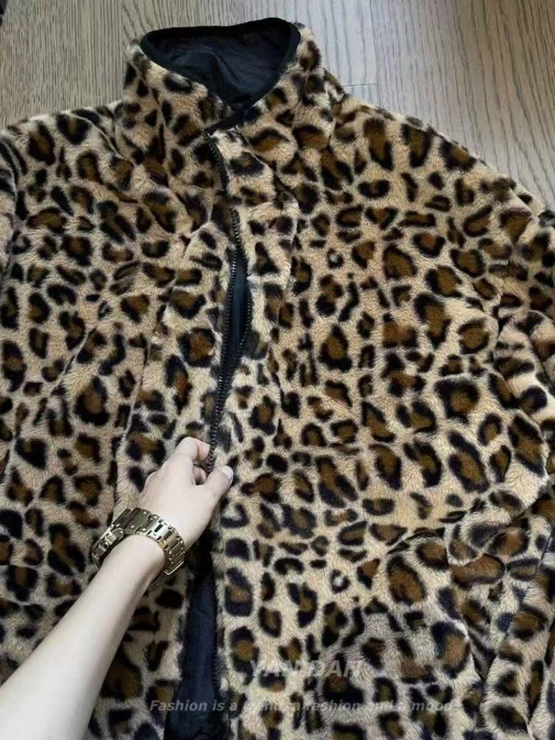 American Retro Harajuku Leopard Print Reversible Zipper Jacket Women Streetwear Trendy Casual Autumn and Winter Warm Plush Coat