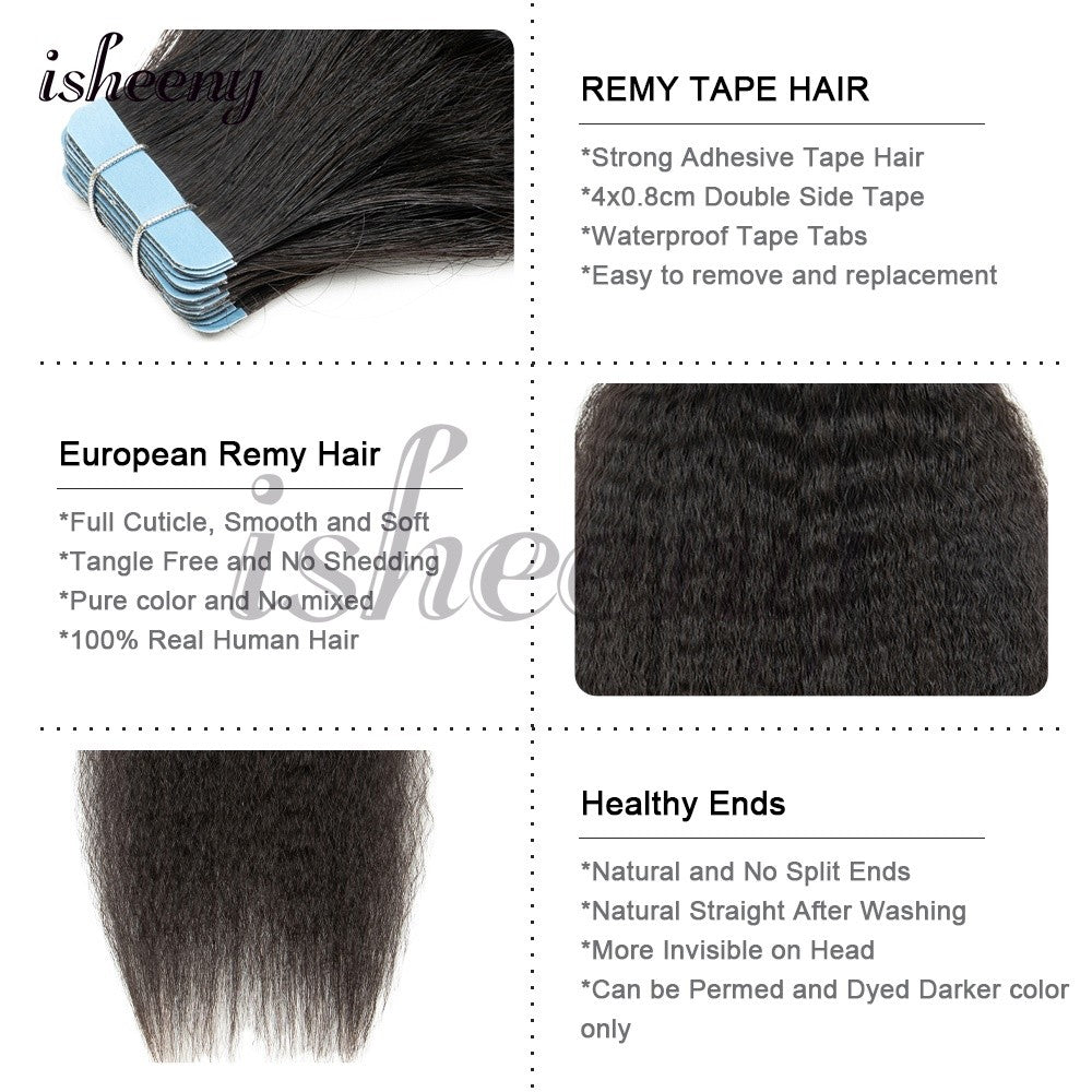 Apliques de Cabelo Humano Kinky Straight com Fita Invisível 12"-20" Preto Natural Cabelo Remy Verdadeiro com Fita Fácil de Usar para Mulheres