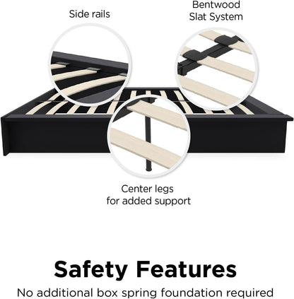 Cama de Plataforma Estofada com 28 cm de Altura para Suporte Elevado de Colchão, Não Necessita de Box Spring, Queen, Couro Sintético Preto
