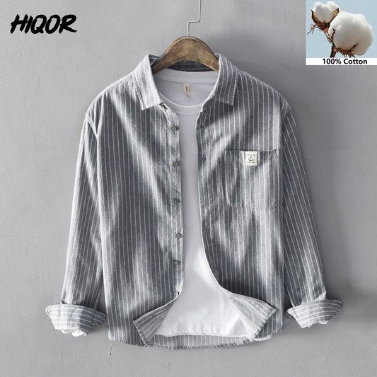 HIQOR 2025 New In 100% Cotton Long Sleeve Men's Shirt Loose Man Business Casual Shirts Classic Striped Male Social Dress Shirts