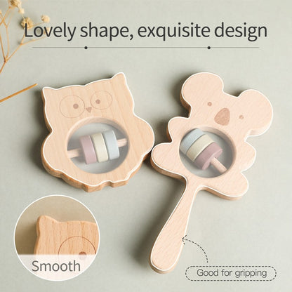 Baby Wooden Koala Hand Rattles Teether Toys Wooden Ring Montessori Toys Owl Shape Musical Rattle  for Baby Gifts Teething Toys