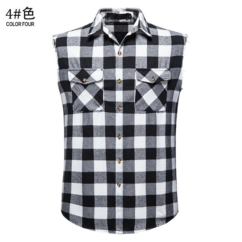 Men's Casual Flannel Plaid Sleeveless Shirt New Double Pocket Cowboy Button Down Shirts Men Cotton Plus Size Vest Checkered Top