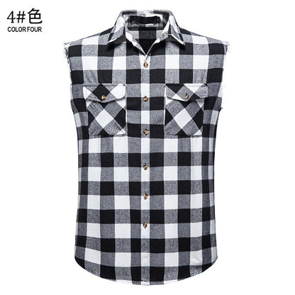 Men's Casual Flannel Plaid Sleeveless Shirt New Double Pocket Cowboy Button Down Shirts Men Cotton Plus Size Vest Checkered Top