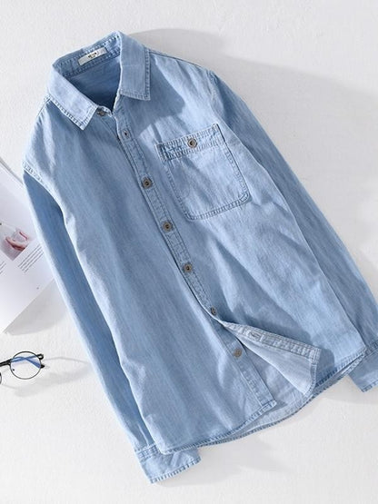 Spring Japanese Sle Loose Casual Long Sve Men's Denim irt Vintage Simple Outerwear Youth Faion Stand Fit Button up
