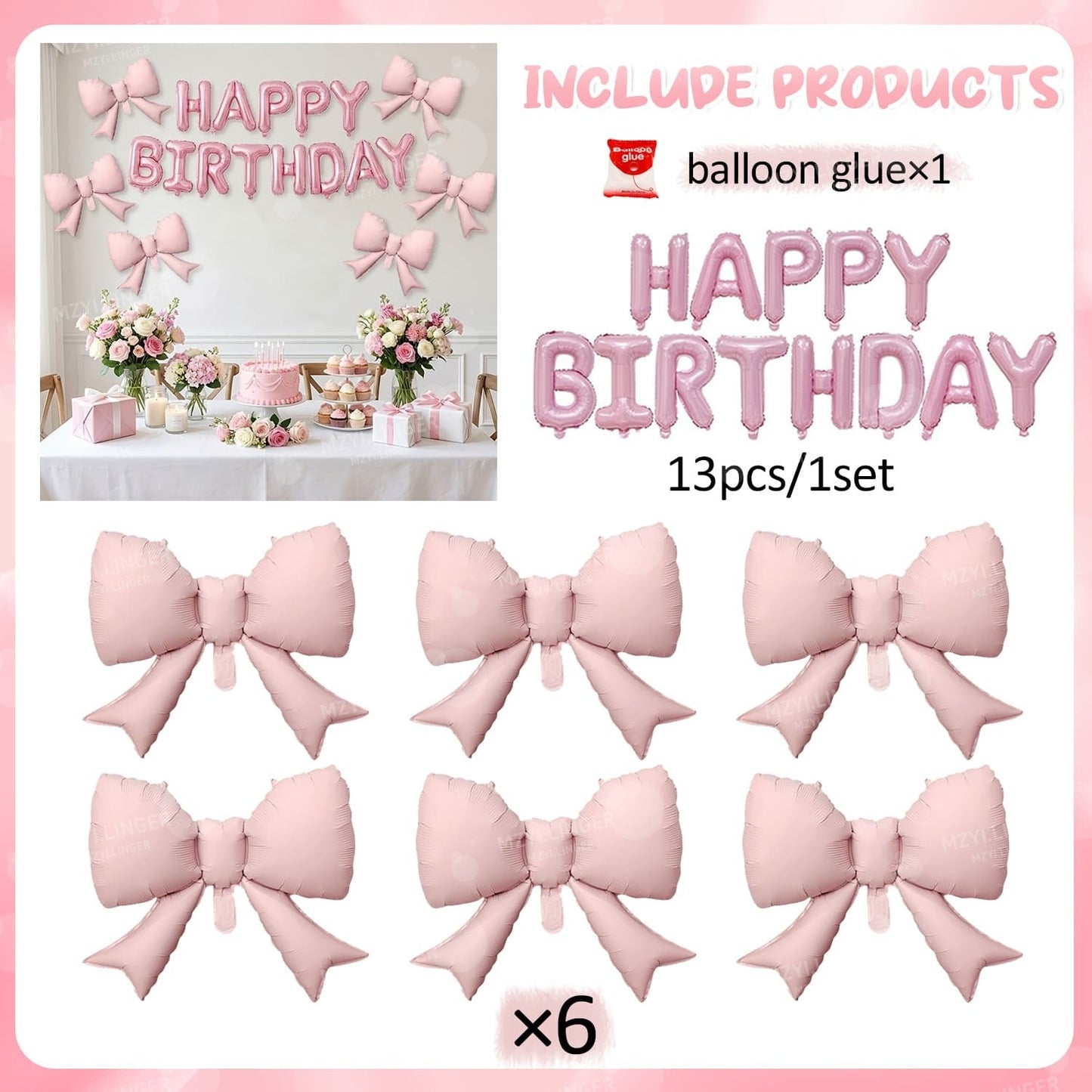 Pink Bow Birthday Balloon Happy Birthday Letter Balloon Used for Wedding, Valentine's Day, Birthday, Proposal Decoration Decor
