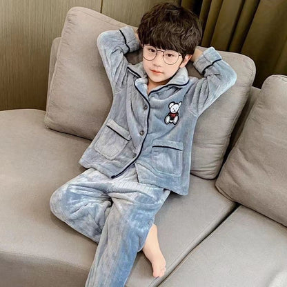 Boys Autumn Winter Thickened Flannel Coral Fleece Pajama Set Warm Kids Sleepwear Homewear