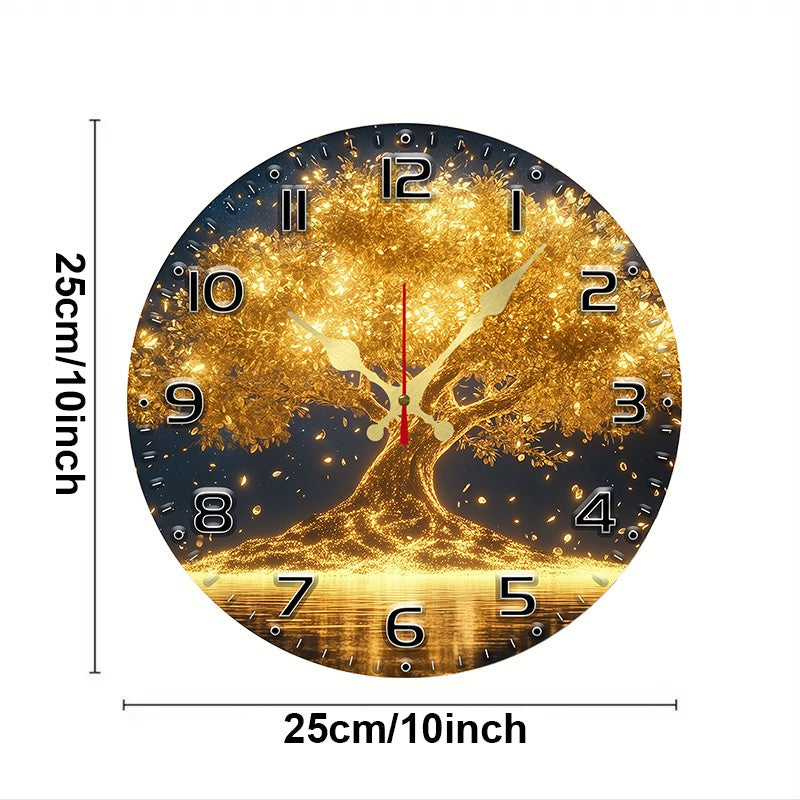 Golden Life Tree Wooden Round Silent Hanging Wall Clock, Suitable For Living Room, Office, Study Room, Bedroom, Home Decoration
