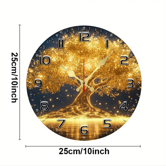 Golden Life Tree Wooden Round Silent Hanging Wall Clock, Suitable For Living Room, Office, Study Room, Bedroom, Home Decoration