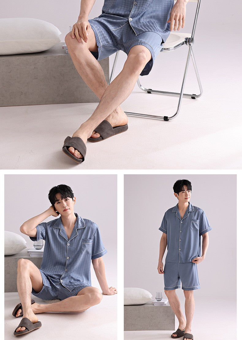 Ice Silk Pajamas Men's Spring and Summer Light and Breathable Simulation Silk Satin Short-sleeved Shorts Youth Simple Loungewear
