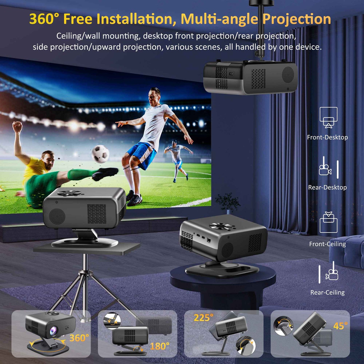 HORLAT M4 Projetor Portátil 25000 Lumens Android12 Mini Projetor 4K 64G Foco Automático Keystone Full HD 1080P 3D Home Theater WiFi6